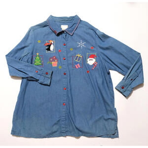 Christmas Denim Shirt Button Down Bobbie Brooks Size 22/24 Santa Candy Canes